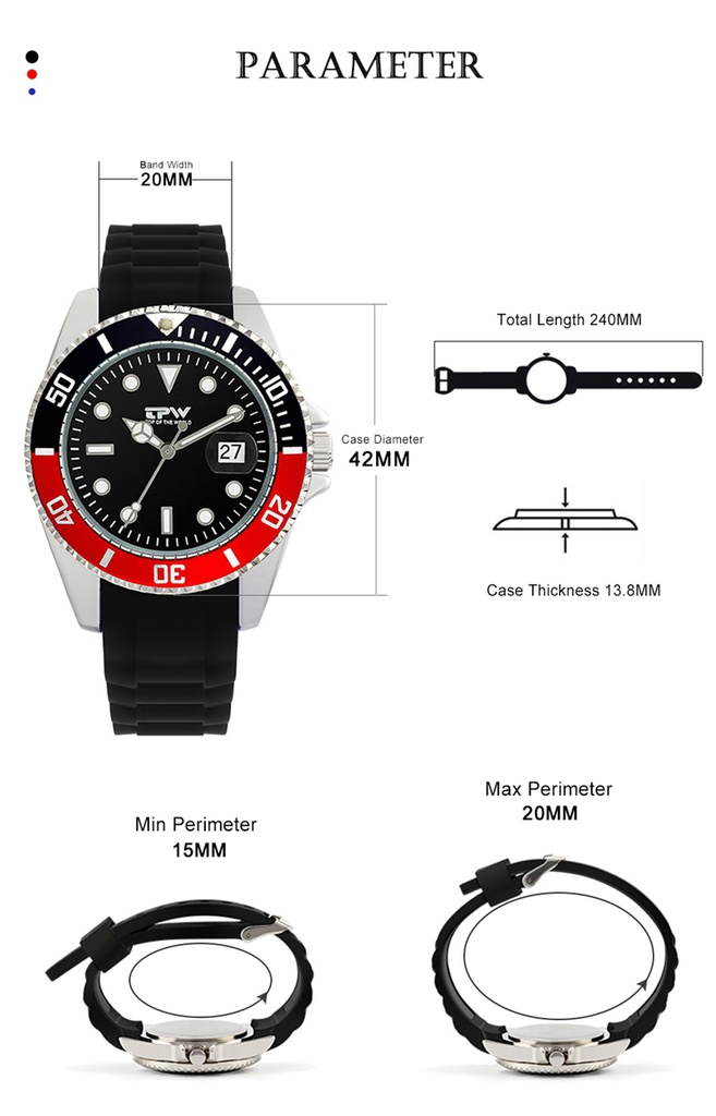 Elegante montre aviateur avec indication de la date, bracelet silicone  noir à effets. Vendue dans sa boîte en métal noir.