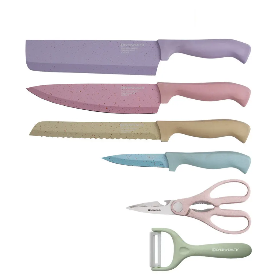 Kit de 7 couteaux colorés en acier inoxydable.
