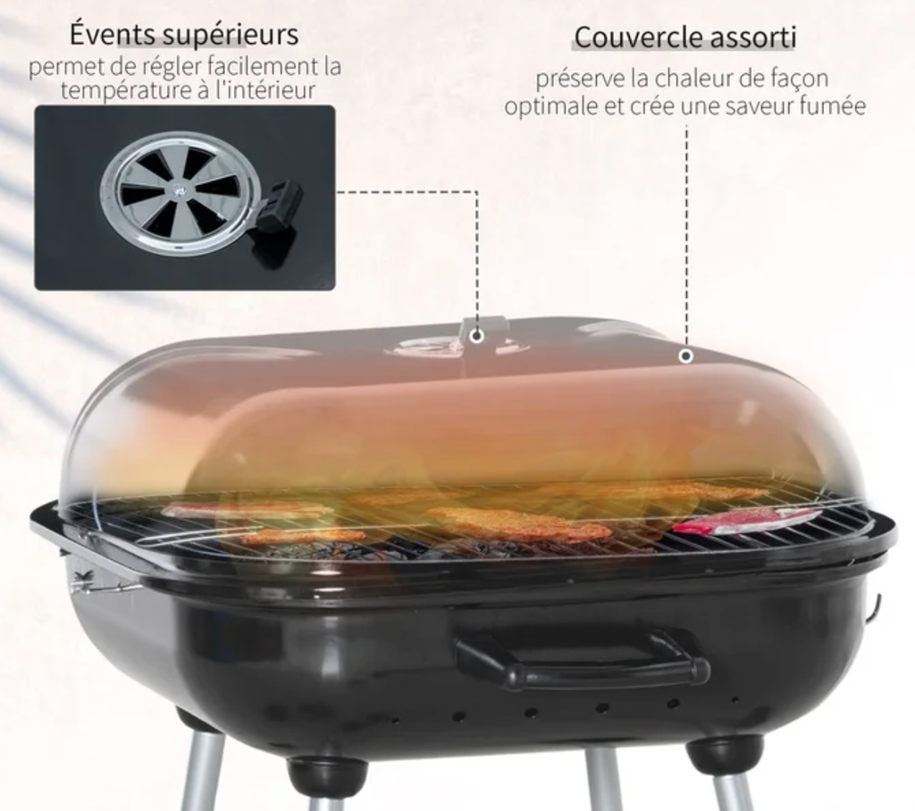Barbecue à charbon carrée 50 x 50 cm (espace de grill) en émail noir. H 71cm