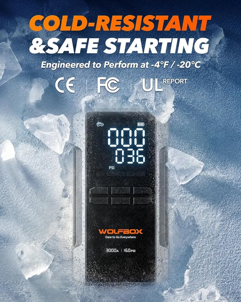 Wolfbox 3000A jump start, batterie 16000mAH, 160psi, light