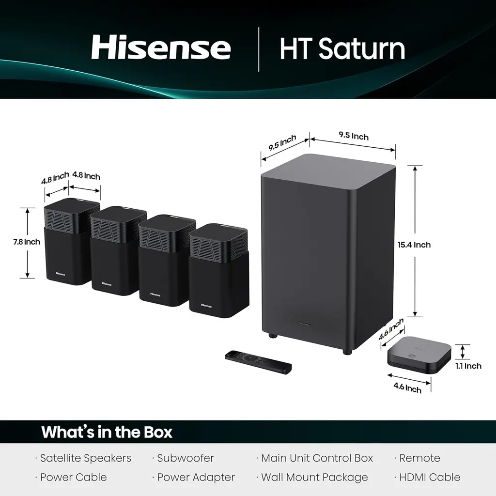 home cinema Hisense Devialet HT Saturn 4.1.2 canaux avec caisson de basses sans fil, Dolby Atmos, DTS:X, Bluetooth 5.3, EzPlay, HDMI 