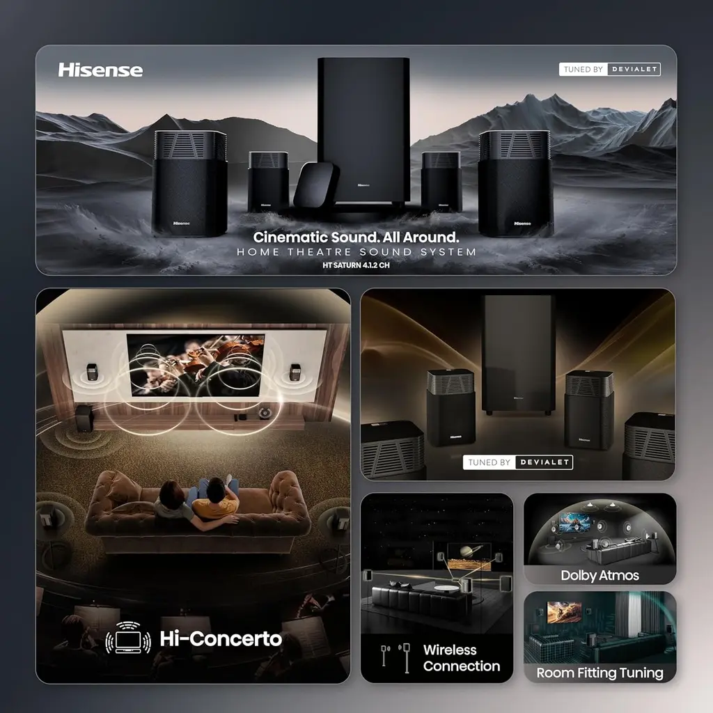home cinema Hisense Devialet HT Saturn 4.1.2 canaux avec caisson de basses sans fil, Dolby Atmos, DTS:X, Bluetooth 5.3, EzPlay, HDMI 