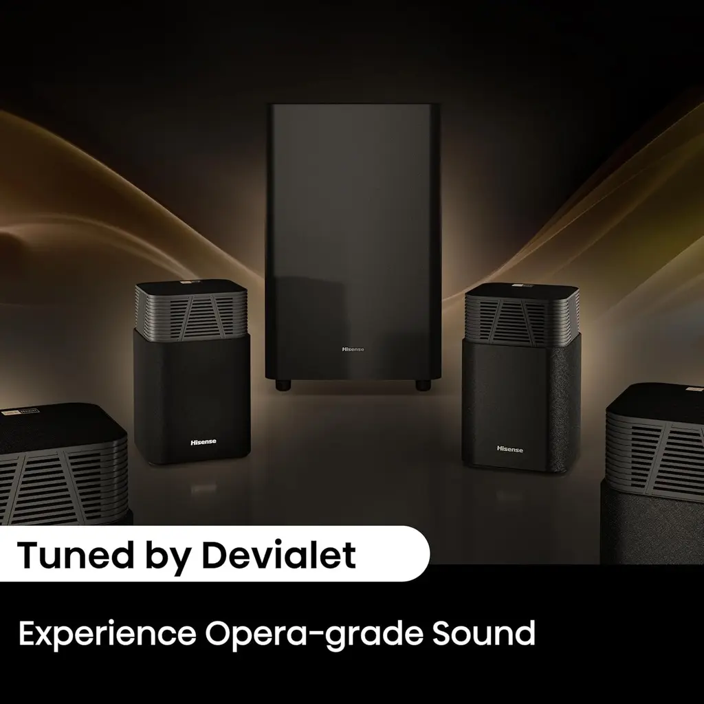 home cinema Hisense Devialet HT Saturn 4.1.2 canaux avec caisson de basses sans fil, Dolby Atmos, DTS:X, Bluetooth 5.3, EzPlay, HDMI 