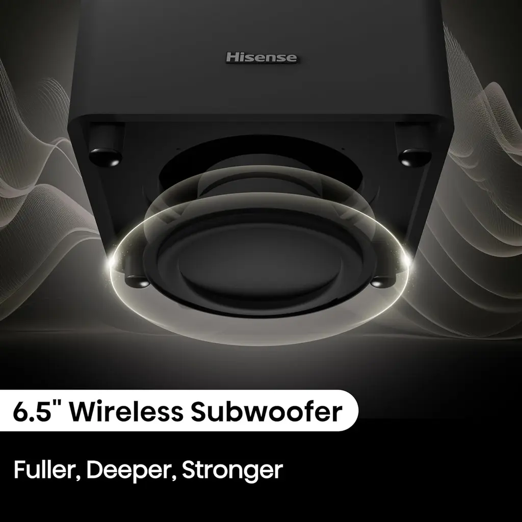 home cinema Hisense Devialet HT Saturn 4.1.2 canaux avec caisson de basses sans fil, Dolby Atmos, DTS:X, Bluetooth 5.3, EzPlay, HDMI 