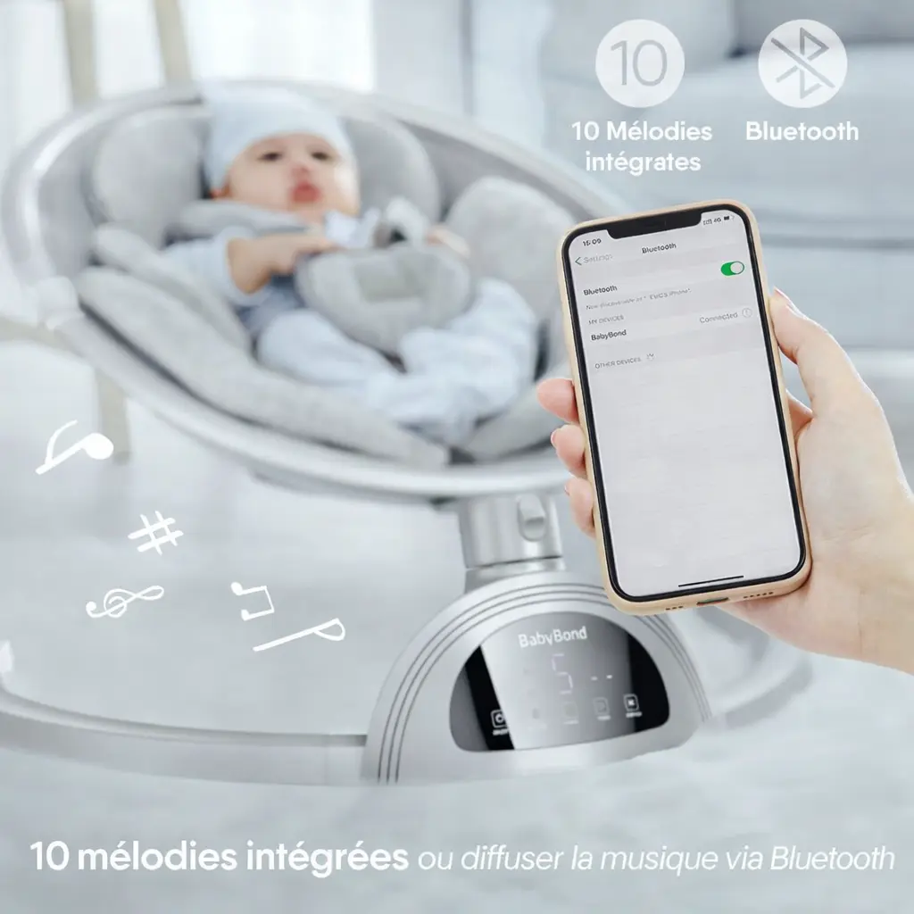 Balancelle bébé BabyBond – Bluetooth avec musique, 5 vitesses, harnais 5 points – Télécommande incluse