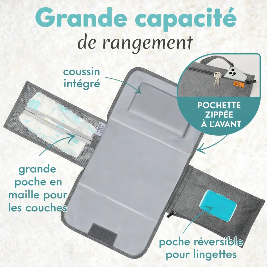 Tapis de change portable avec poche lingettes