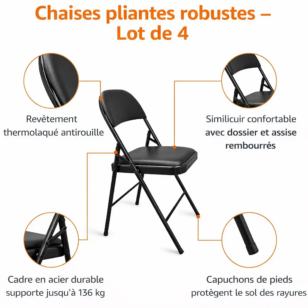 Chaises pliantes en acier rembourré – Noires – Lot de 4