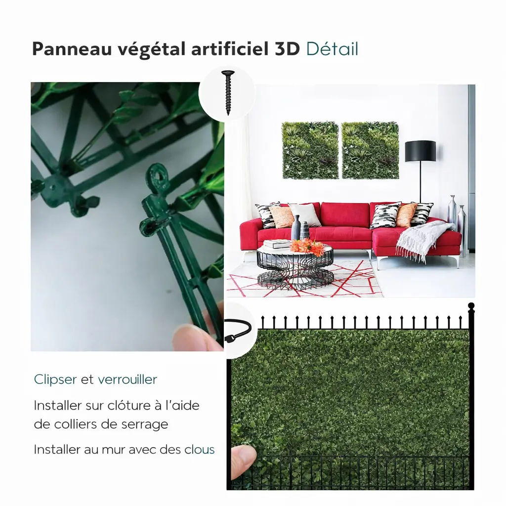 Mur végétal artificiel 100 × 100 cm – Feuillage mixte 