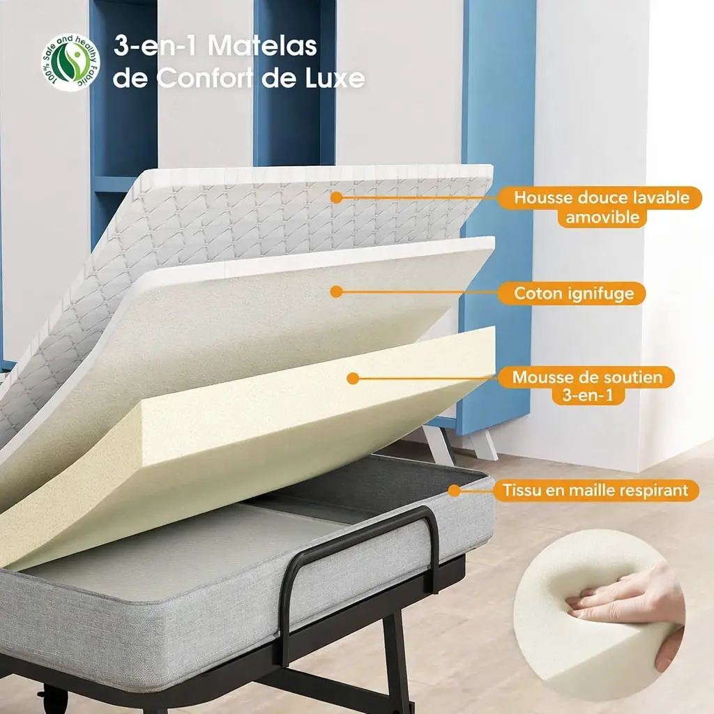 Lit pliant avec matelas – Lit d’appoint 1 place portable