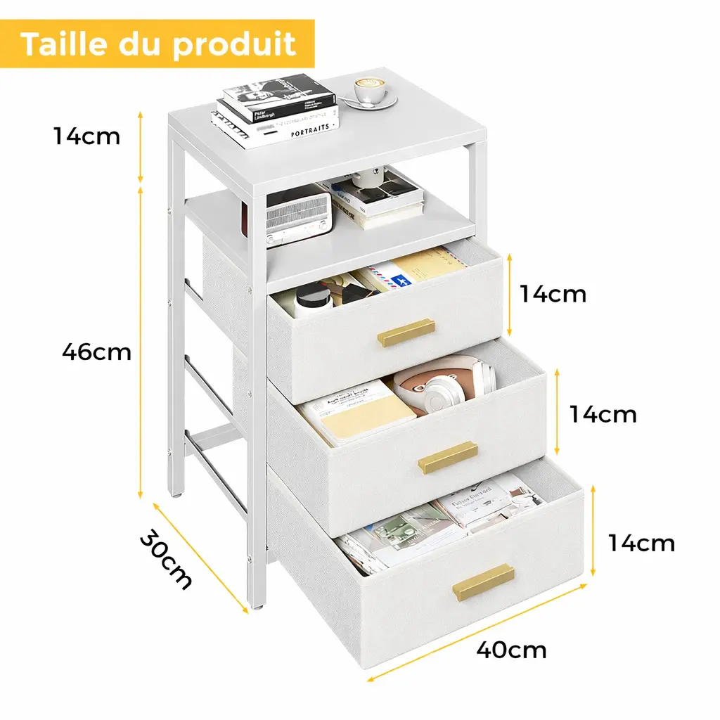 Table de chevet moderne à 3 tiroirs en tissu