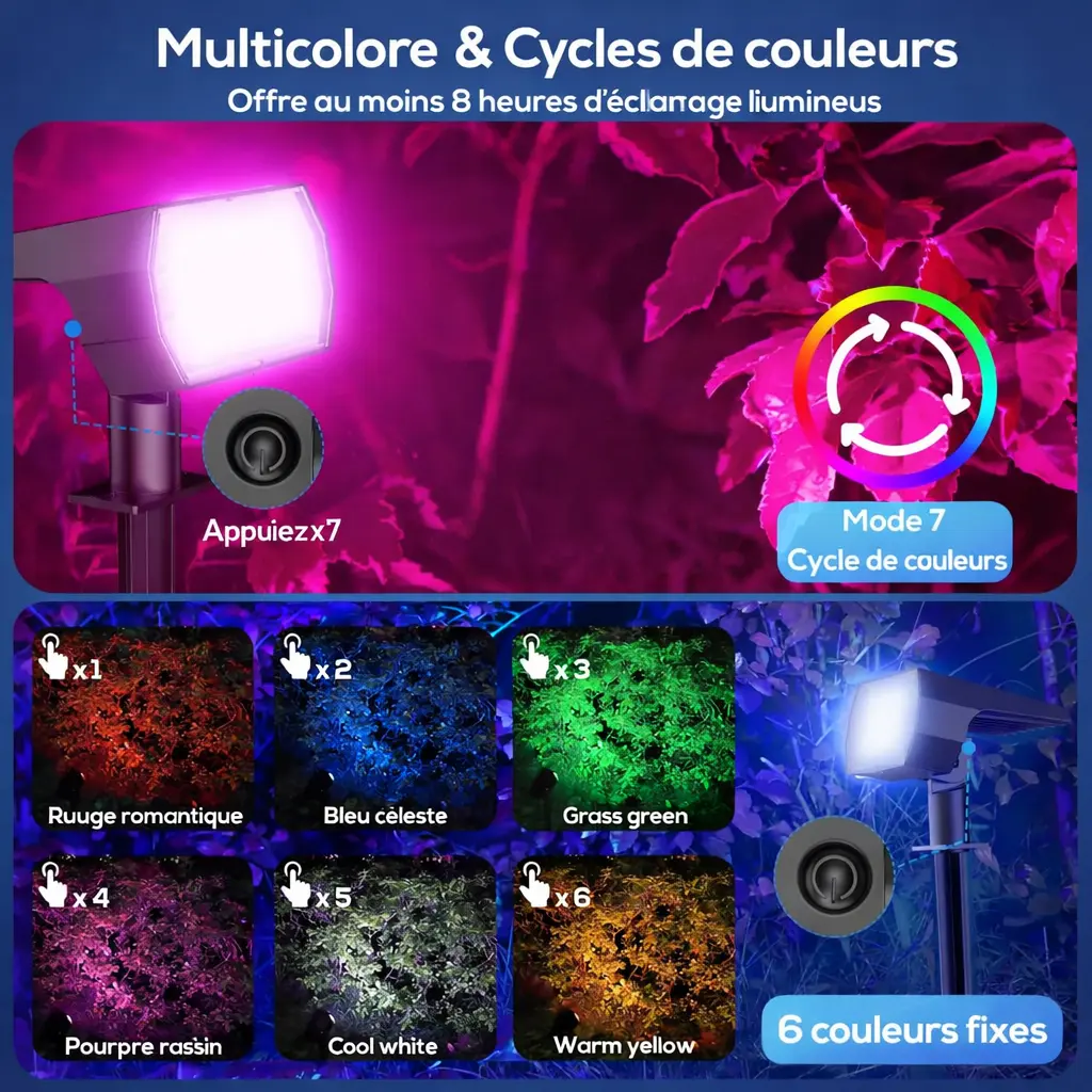 Spot solaire LED RGB extérieur IP68 – 7 modes de couleurs
