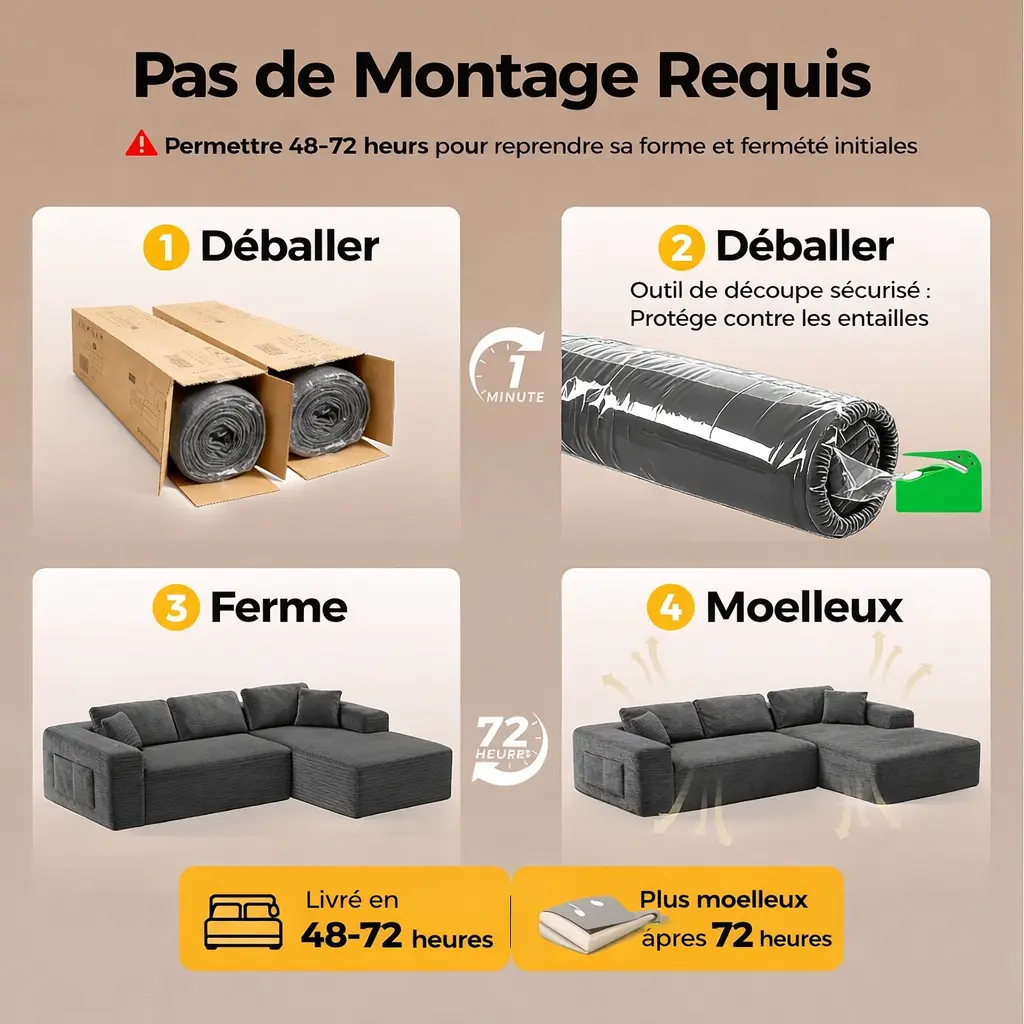 Canape d’angle modulable confort XXL, tissu côtelé gris