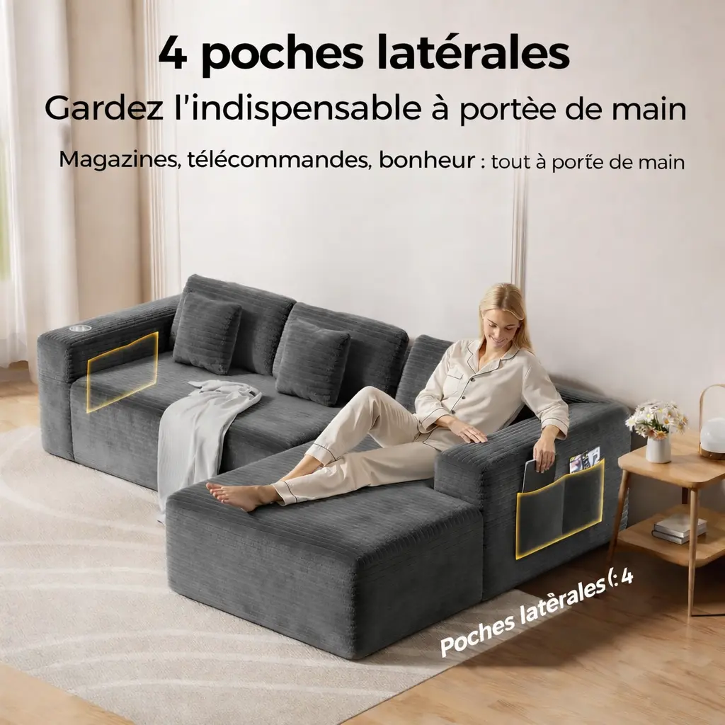 Canape d’angle modulable confort XXL, tissu côtelé gris