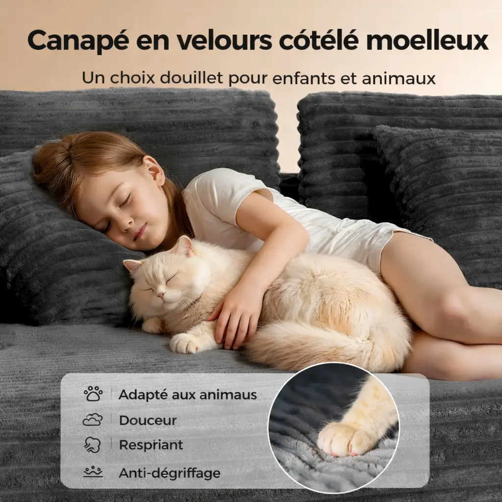 Canape d’angle modulable confort XXL, tissu côtelé gris