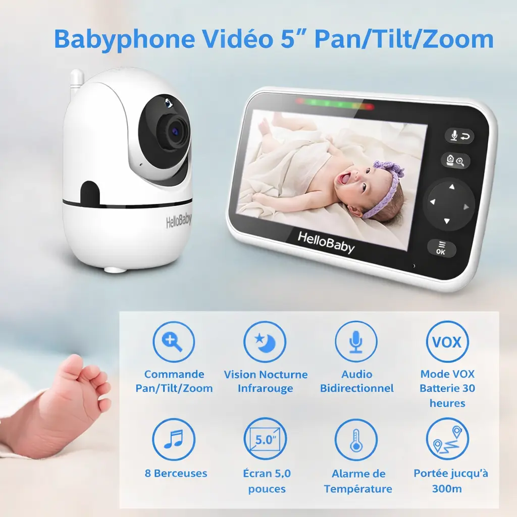 Babyphone Vidéo HelloBaby 5” Sans Wi-Fi – Écran HD, Batterie 30 h,