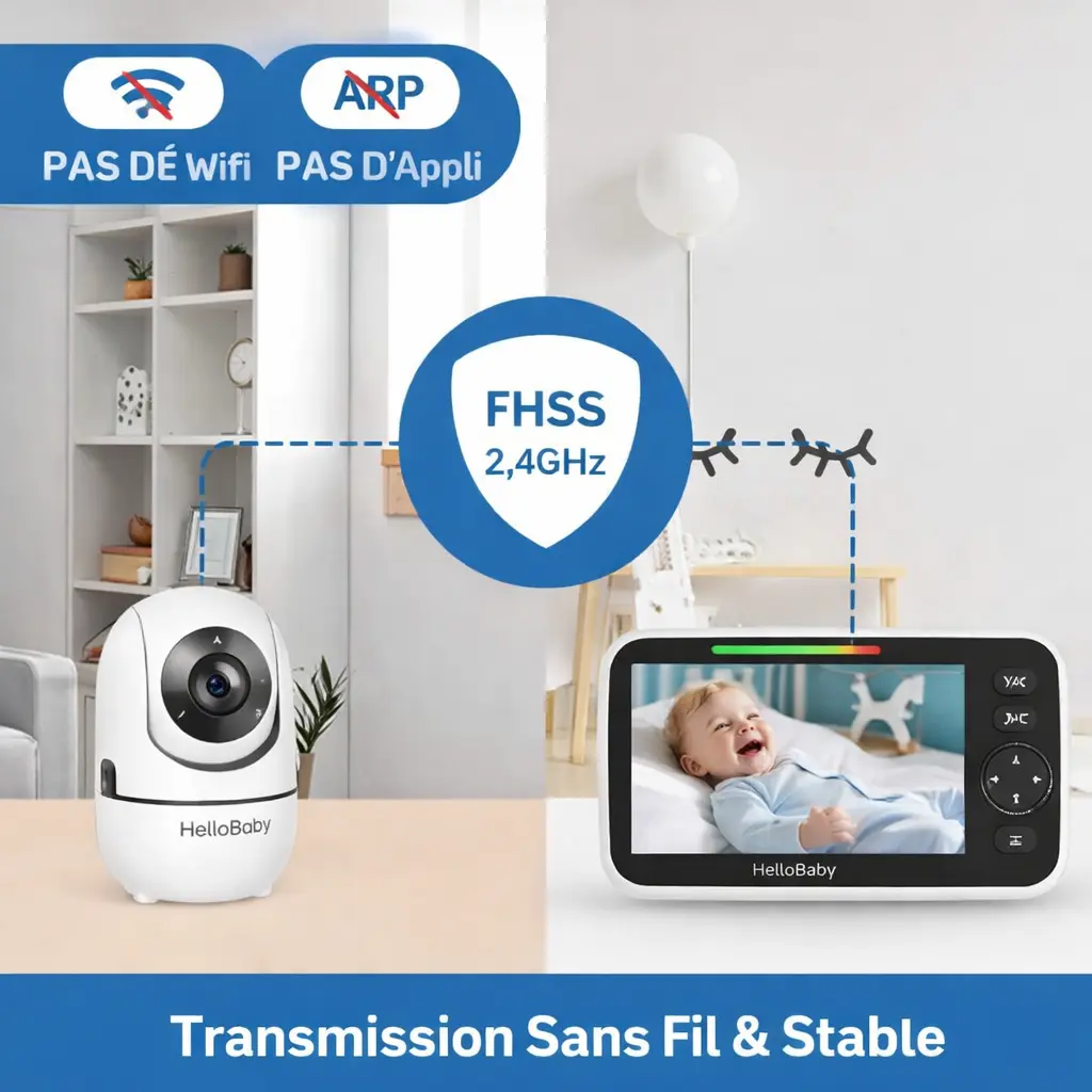 Babyphone Vidéo HelloBaby 5” Sans Wi-Fi – Écran HD, Batterie 30 h,