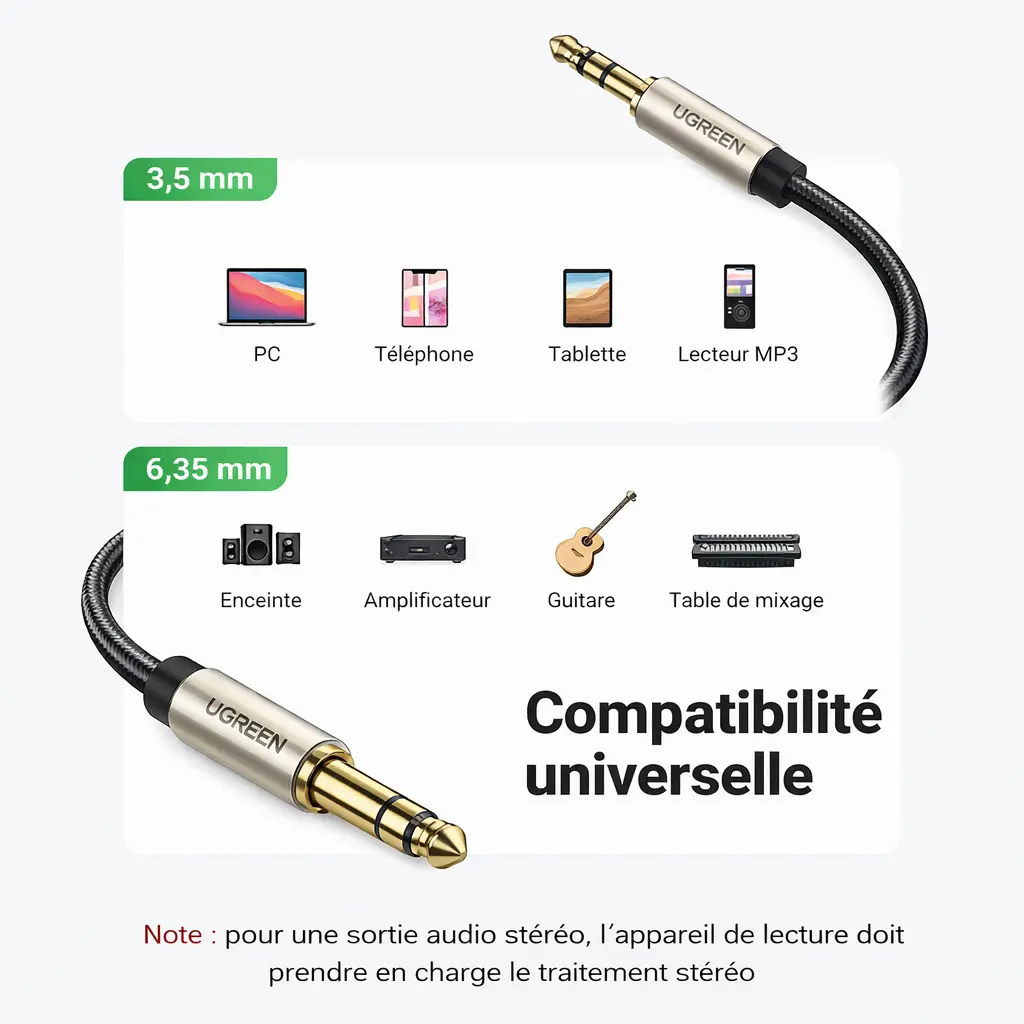 Câble audio stéréo UGREEN 3,5 mm vers 6,35 mm – Jack TRS mâle, gaine nylon