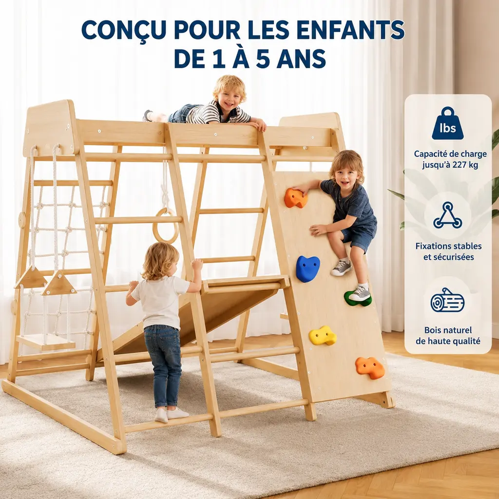 Structure Escalade en Bois 8-en-1 avec Toboggan