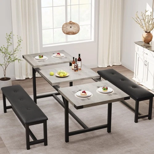 Table à Manger Extensible 4 à 6 Places avec 2 Bancs