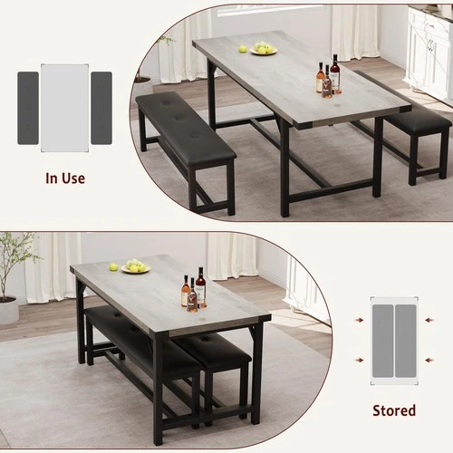 Table à Manger Extensible 4 à 6 Places avec 2 Bancs