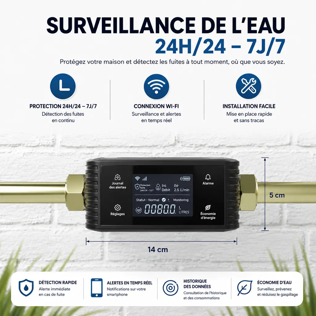 DEtecteur de Fuite d’Eau Intelligent Wi-Fi & Bluetooth – Contrôle du Débit et de la Consommation