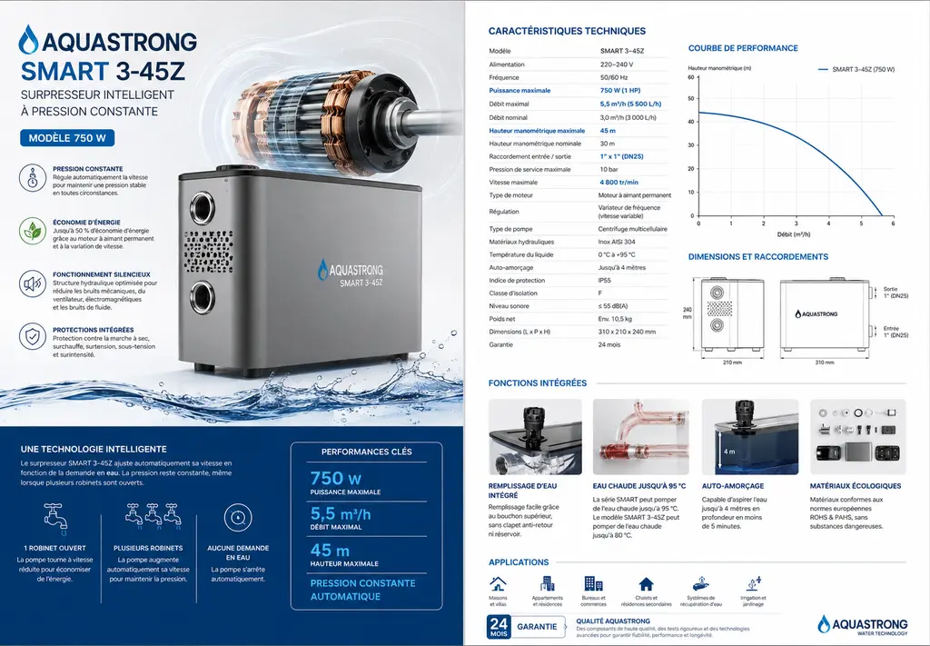 Pompe de citerne INVERTER AQUASTRONG SMART3 750 W, Pression Constante, Debit 5,5 m³/h