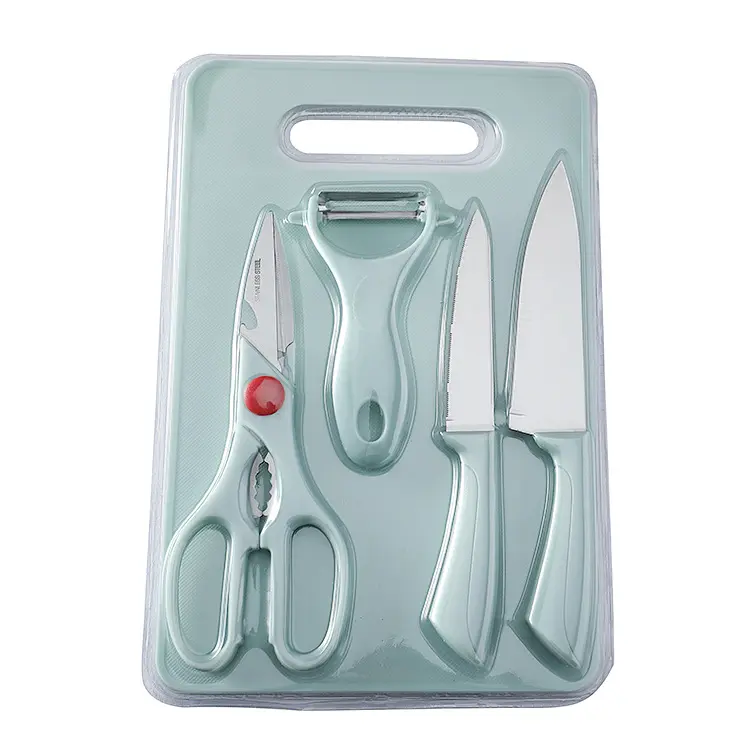 Kit de 2 couteaux, d'un éplucheur, d'une paire de ciseaux et sa planche à découper. Lames en acier inoxydables/ Coloris bleu.08