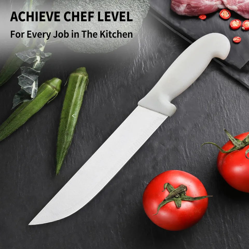 Grand couteau de cuisine à manche texturé confortable, lame en acier inoxydable. 31,5 cm.