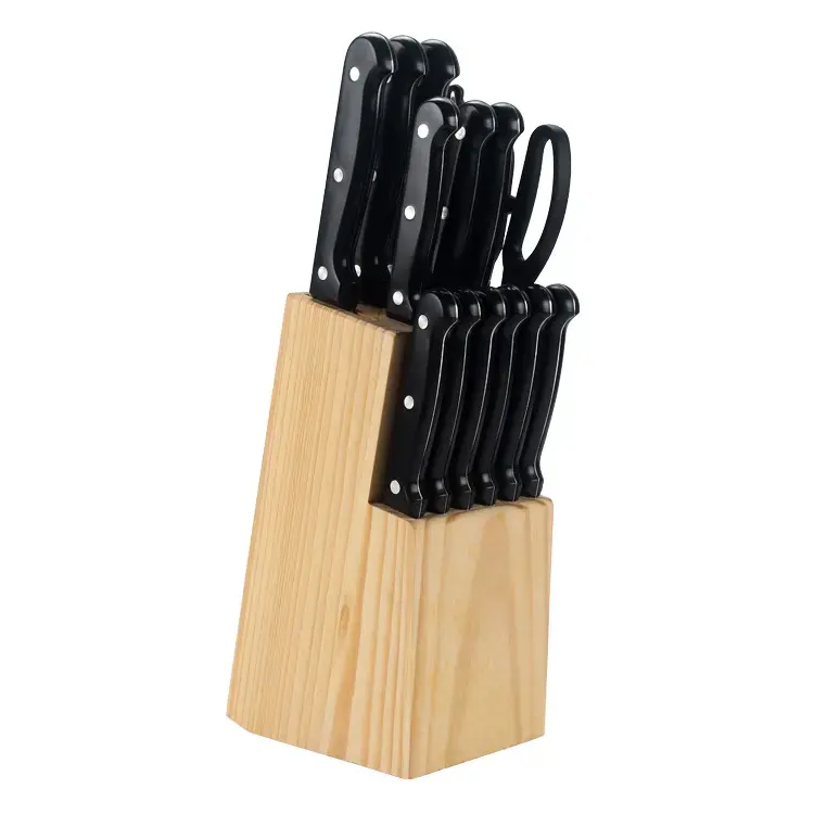 Wooden block of 13 kitchen knives and a pair of scissors.