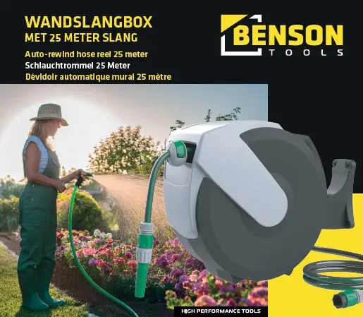 [015101 ZEN01-29] Benson Wandslangbox Enrouleur de tuyau à enroulement automatique de 25M