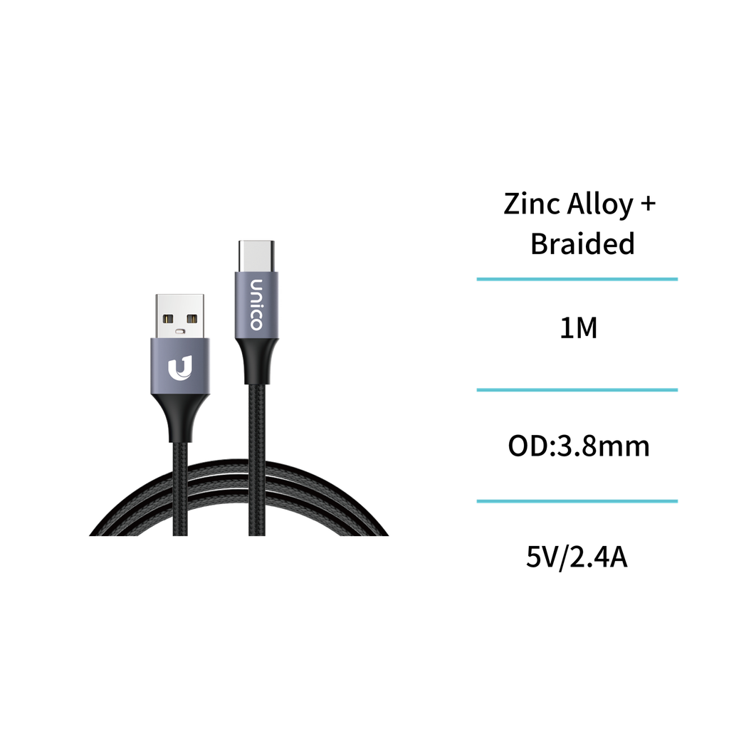 Cable tresse en aluminium USB vers Type-C 2,4 A 1 