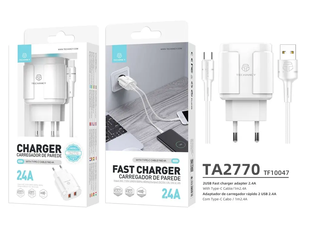 [TF10047 ZEN12  ] Charger With Cable Type Usb C 2.4A 1M 2Usb White