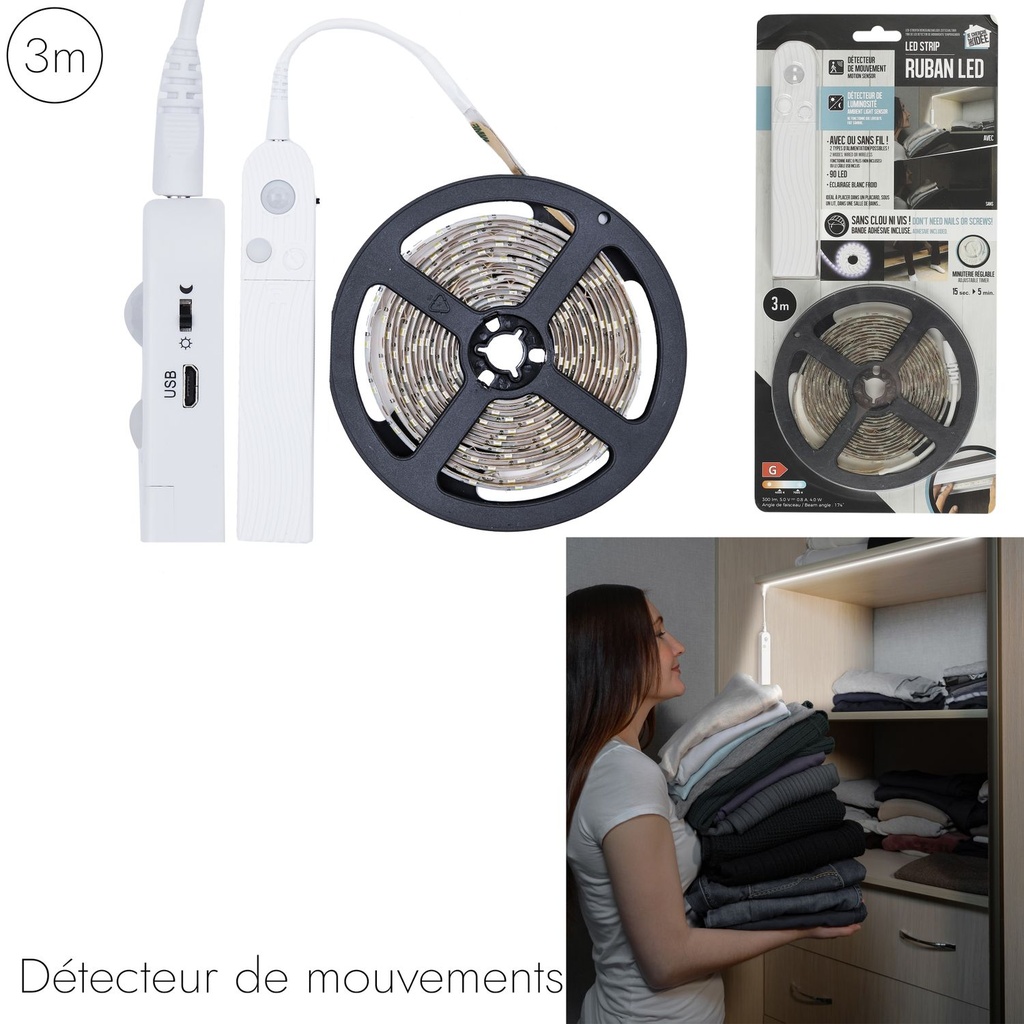 Bande led 3m detecteur mouvement