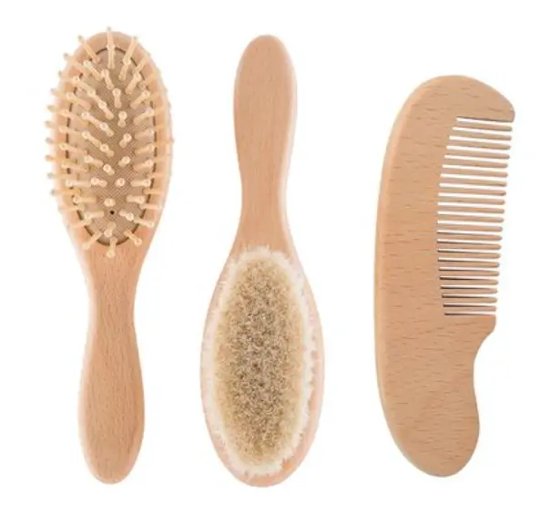 Natural wooden baby brush and comb kit