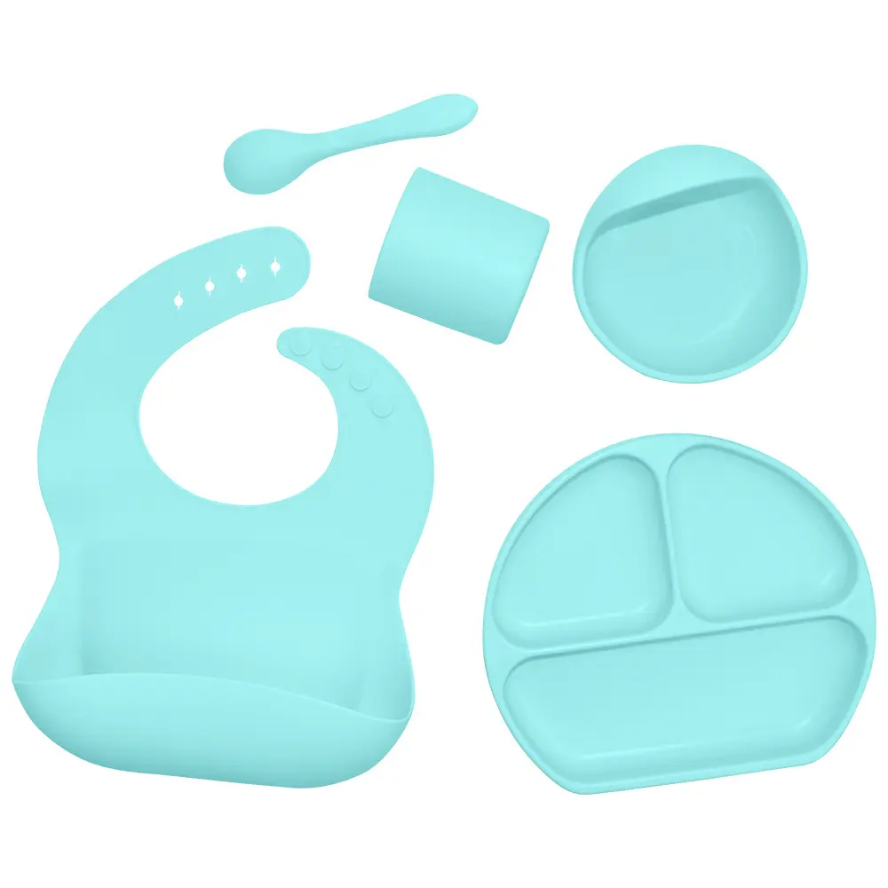 [YY-005/bleu] Kit complet pour le repas en silicone, sans BPA