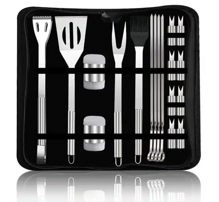 18-piece stainless steel barbecue tool set. Includes storage bag.