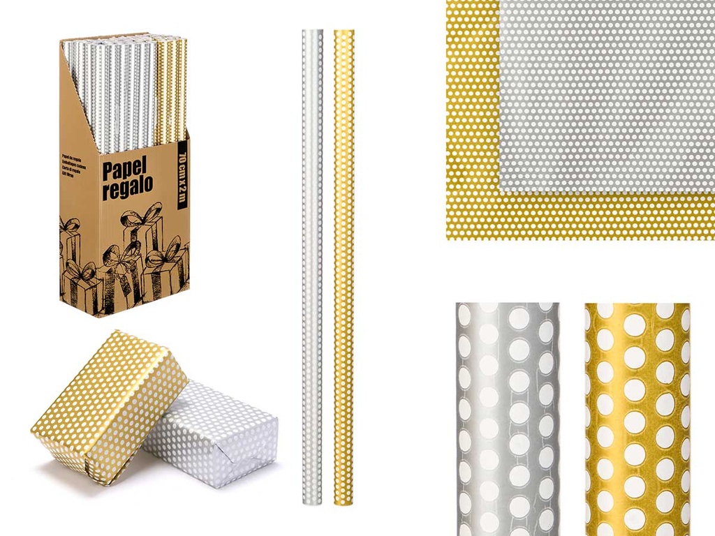Papier cadeau rouleau 70x200 argent or pois