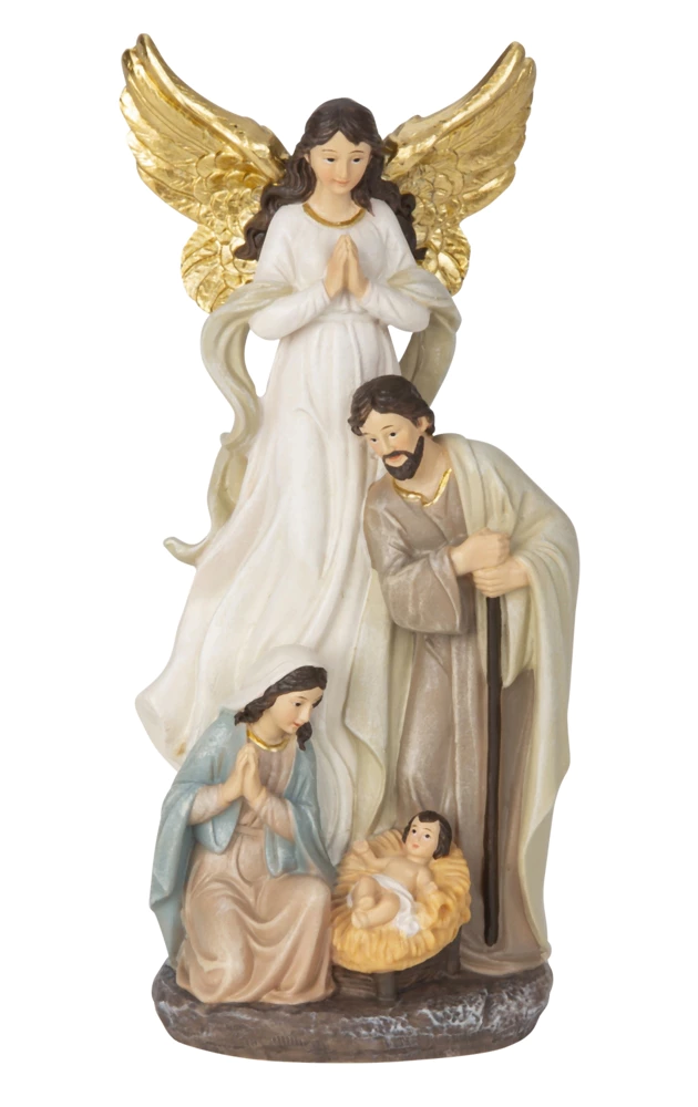 Figurine de la Nativité avec ange, Joseph, Marie et Jésus