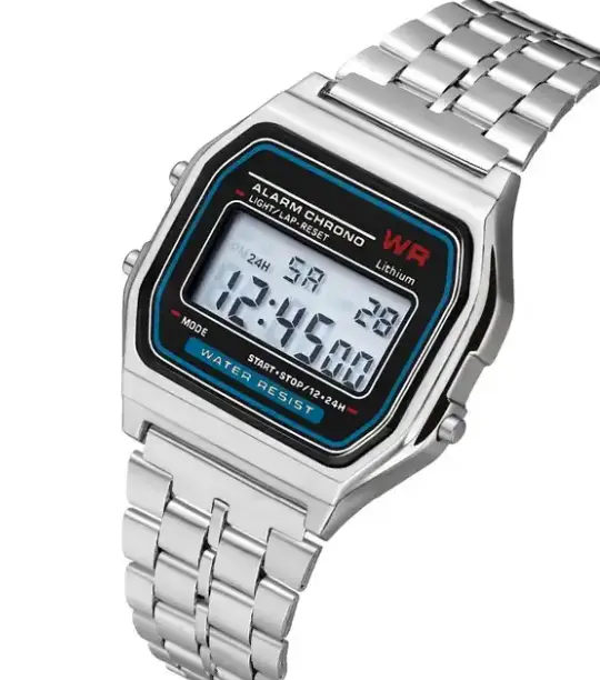 Digital sports watch, luminous dial, multifunction, stainless steel.