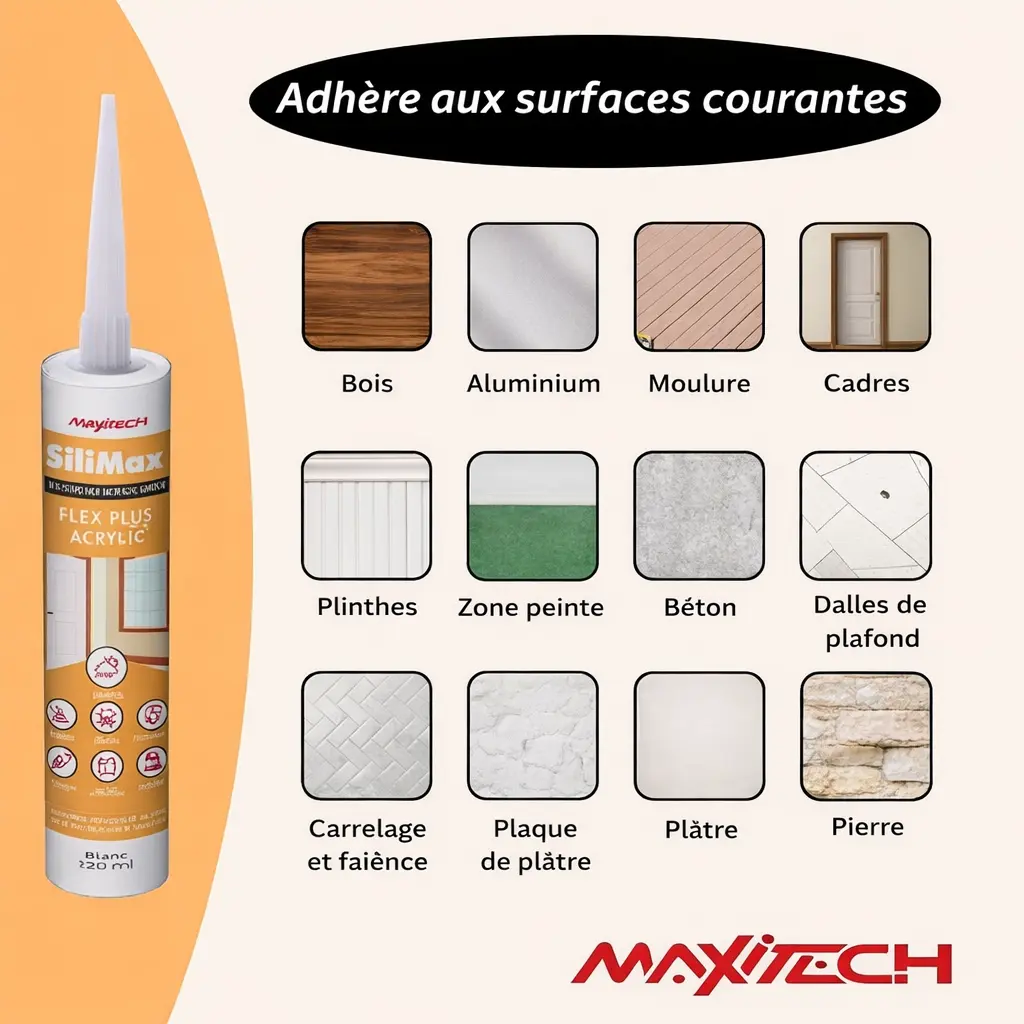 Mastic silicone SILIMAX Flex Plus – Acryliqu intérieur/extérieur, peinturable, blanc 280 ml