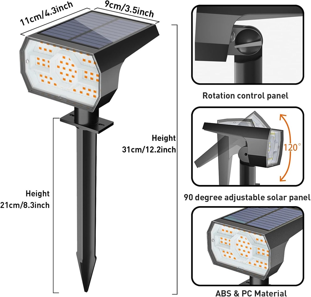 Spot jardin Solaire LED 56 LED IP68 – Projecteur jardin, blanc chaud