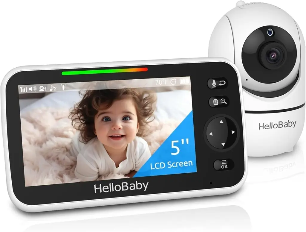 Babyphone Vidéo HelloBaby 5” Sans Wi-Fi – Écran HD, Batterie 30 h,