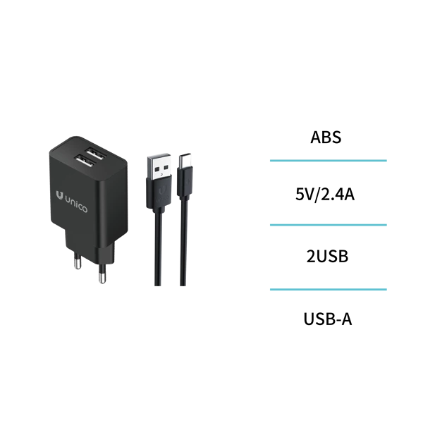 2.4A dual USB charger with Type-C cable