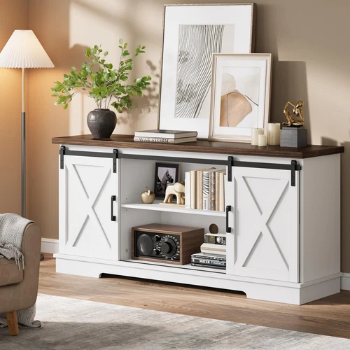 Meuble TV Rustique 165 cm avec Portes Coulissantes Style Grange