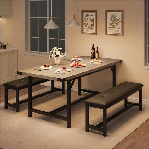 Table à Manger Extensible 4 à 6 Places avec 2 Bancs