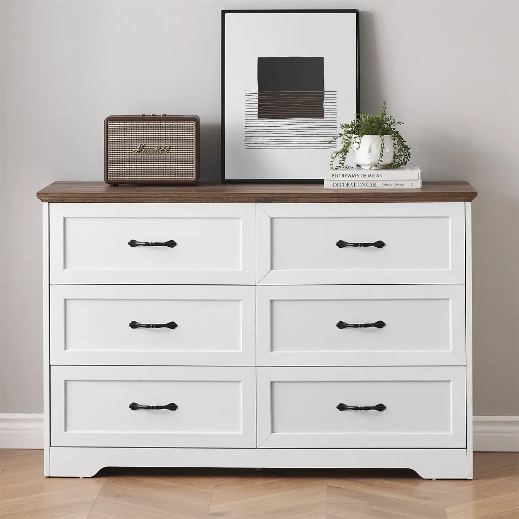 Commode 6 Tiroirs Blanc + Bois