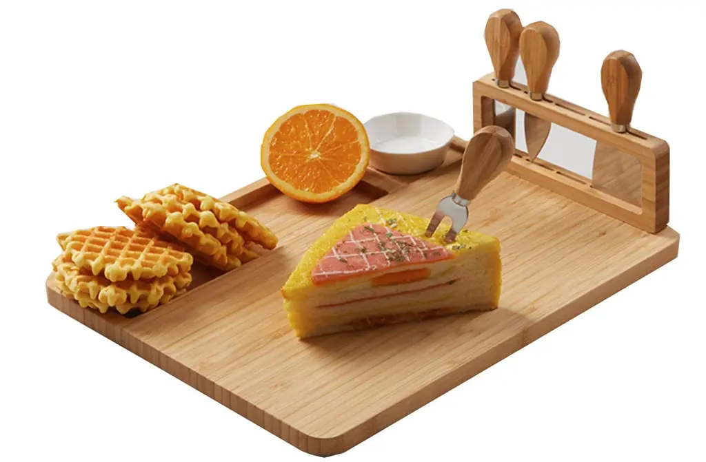 [N10] Cheese board + 4 stainless steel knives. 36L x 28W x 1.7cm thick.