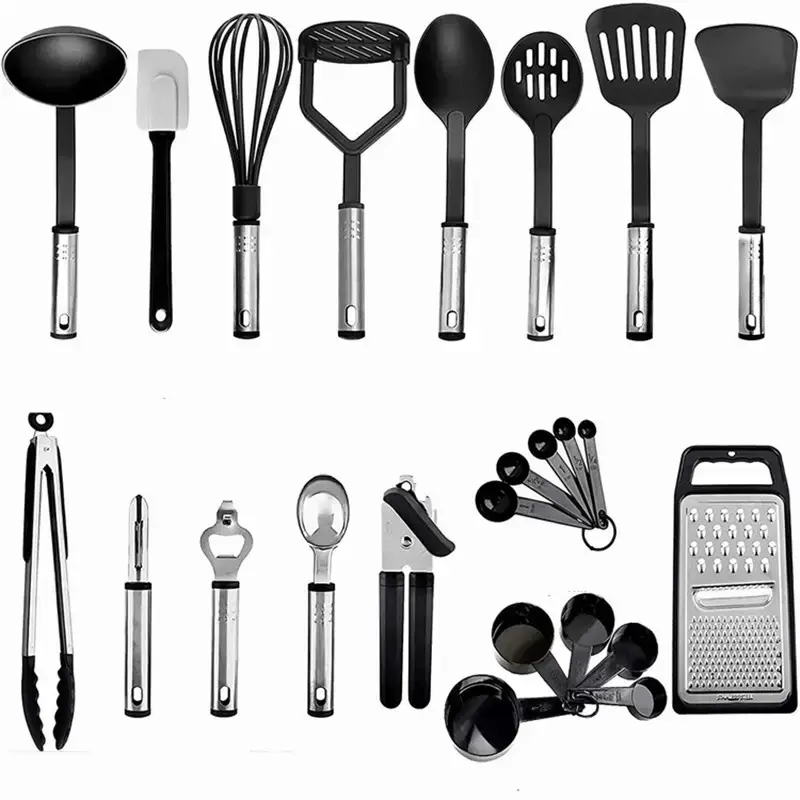 Complete set of 24 kitchen utensils in stainless steel and black silicone.