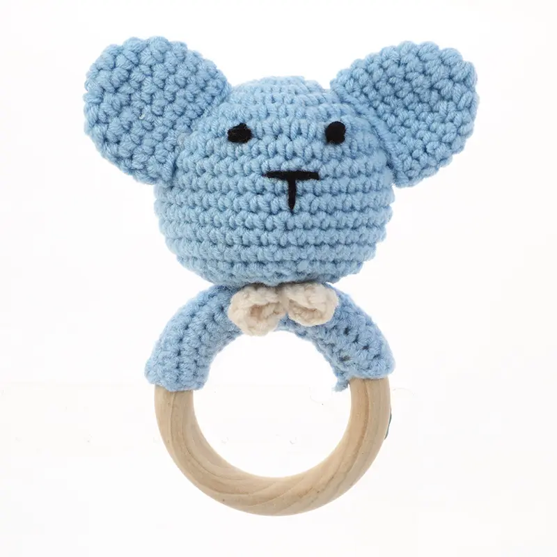 Wooden sound teething ring, crochet animal (Lapin Gris)