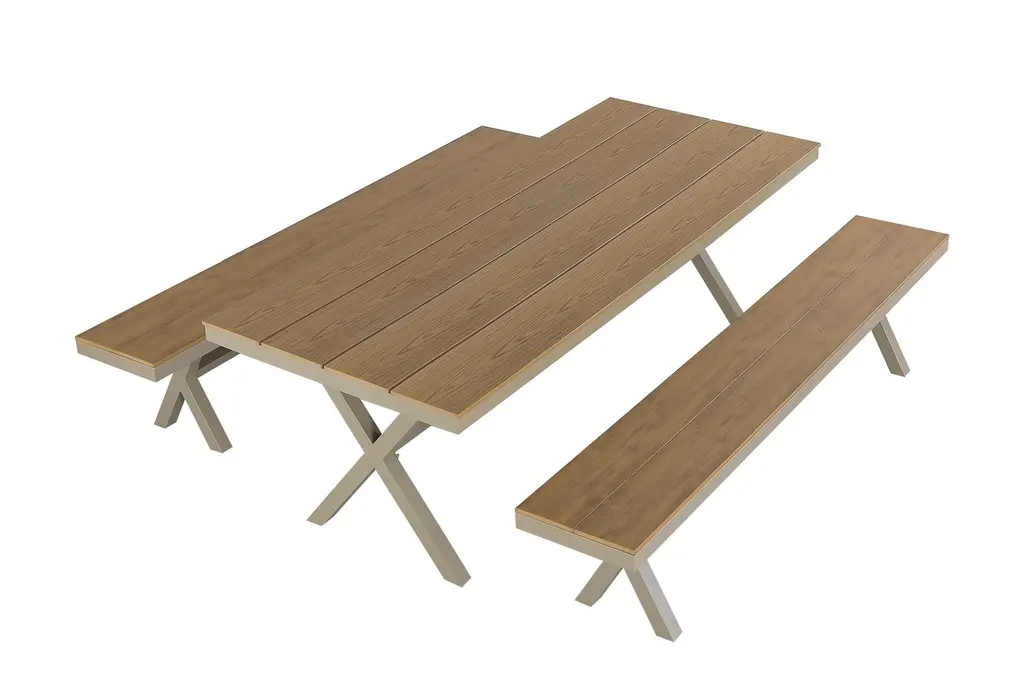 [MT8021A] Garden table and 2 benches, aluminum and polywood frame